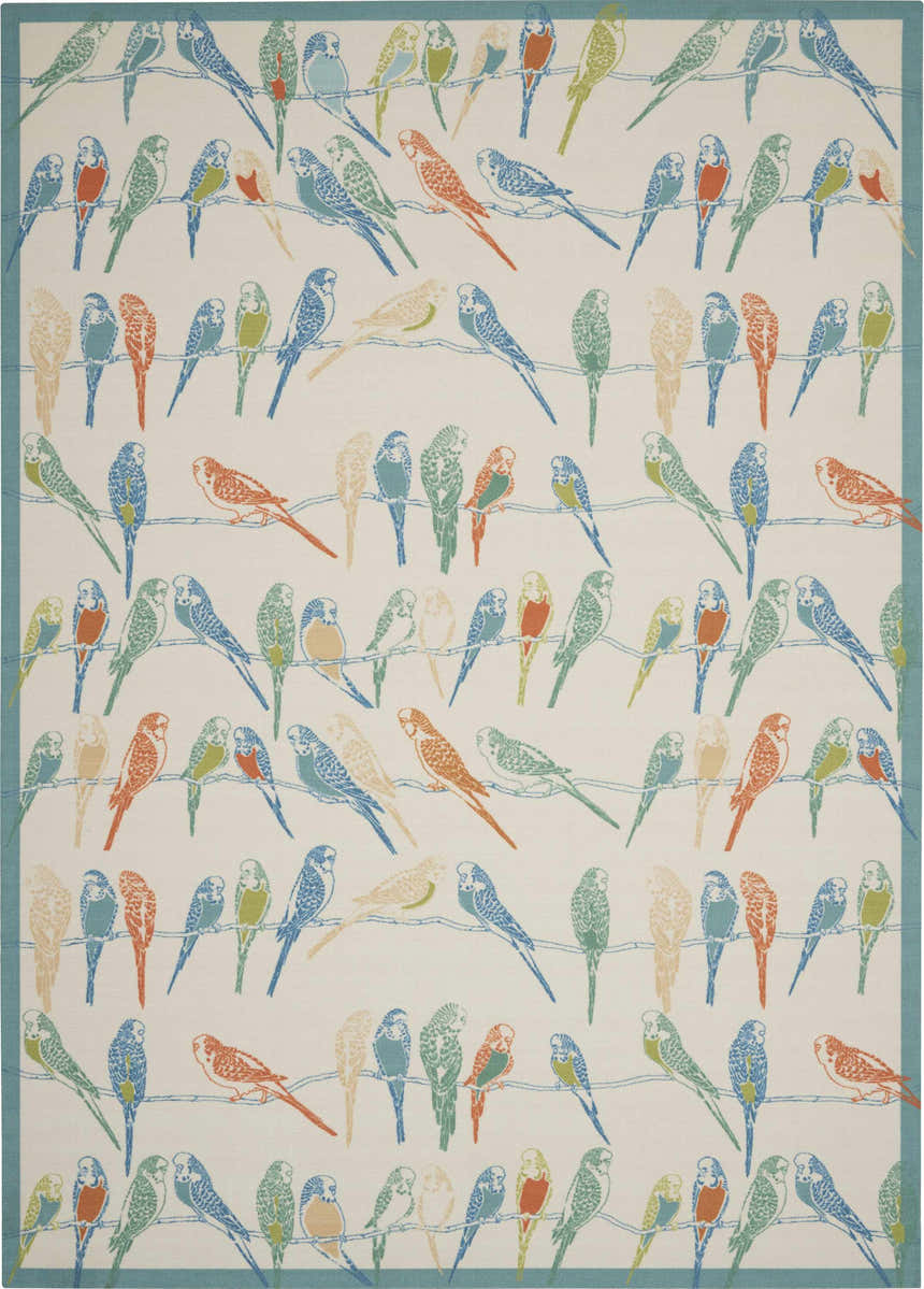 Close-up of the Waverly Sun N' Shade Multicolor Tropical Area Rug featuring a colorful bird and wire pattern.