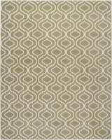 Close-up of the Nourison Jubilant Olive rug featuring a contemporary white quatrefoil pattern on an olive green background.
