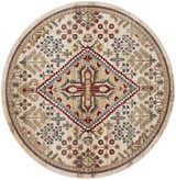 Round Nourison Karisma Ivory Area Rug. Farmhouse style with chestnut, red, and blue floral and geometric patterns.