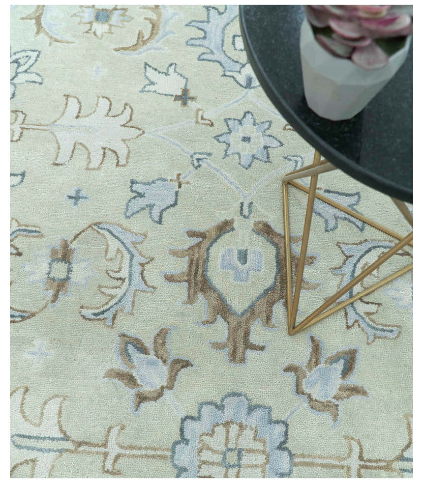 Traditional Oushak Design Beige And Blue Hand Tufted Custom Made Wool Rug