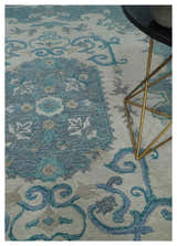 French Design Aubusson Custom Made Ivory and Blue Hand Tufted Wool Area Rug