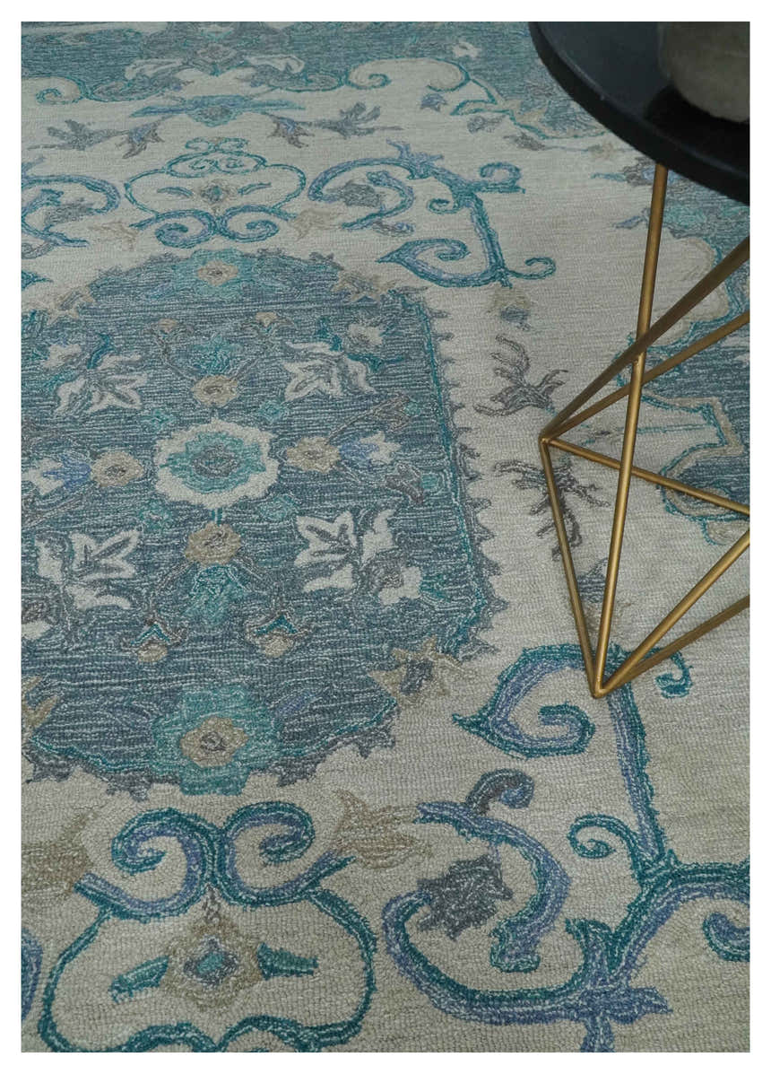 French Design Aubusson Custom Made Ivory and Blue Hand Tufted Wool Area Rug