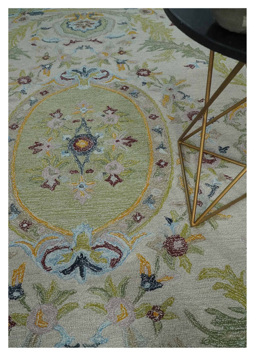 Ivory and Green Custom Made French Design Aubusson Hand Tufted Wool Area Rug