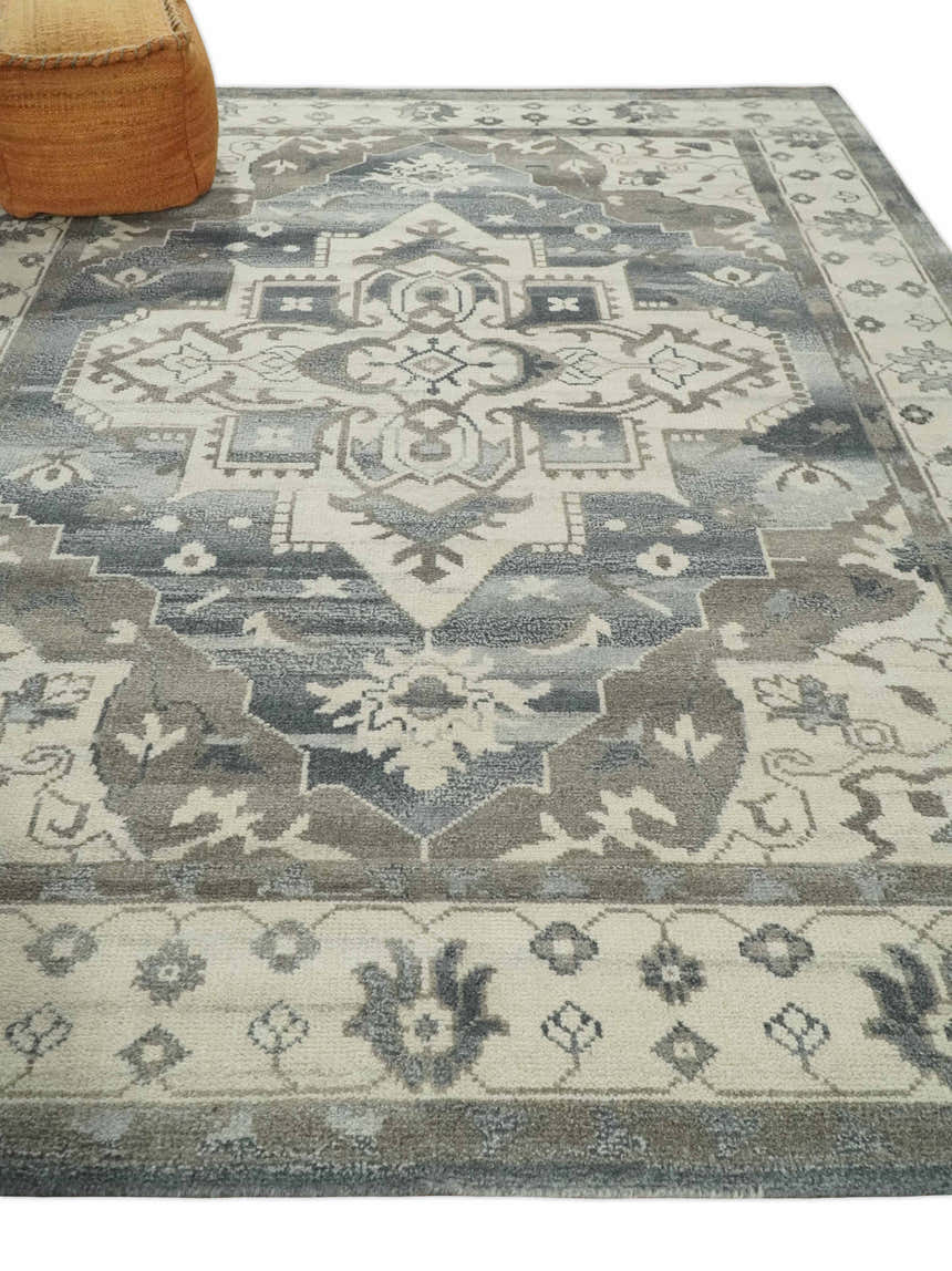 Custom Made Hand Knotted Ivory, Charcoal and Gray Traditional Medallion Natural Wool Area Rug, Kids, Living Room and Bedroom Rug