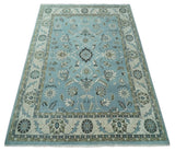 10x14 Antique Hand Knotted Blue and Ivory Traditional Vintage Persian Oushak Wool Rug | TRDCP10141014
