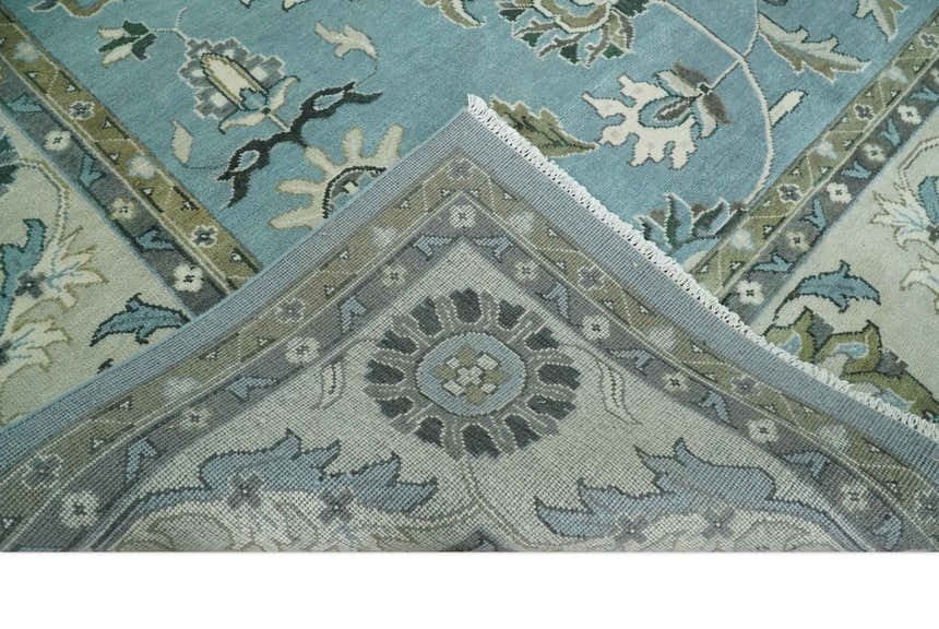 10x14 Antique Hand Knotted Blue and Ivory Traditional Vintage Persian Oushak Wool Rug | TRDCP10141014