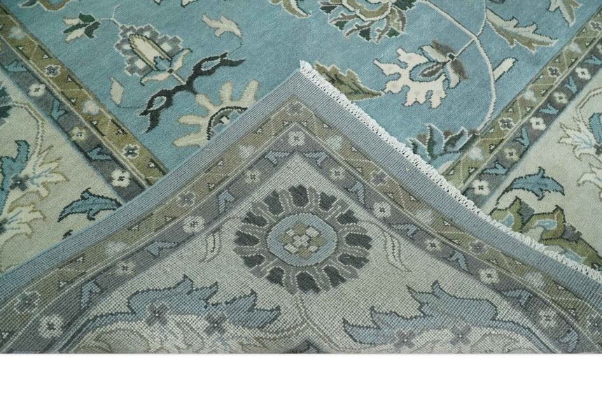 10x14 Antique Hand Knotted Blue and Ivory Traditional Vintage Persian Oushak Wool Rug | TRDCP10141014