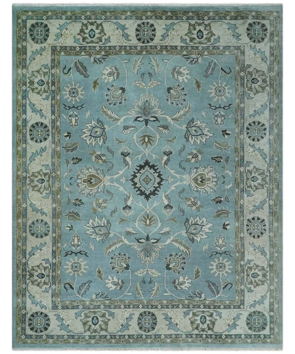 10x14 Antique Hand Knotted Blue and Ivory Traditional Vintage Persian Oushak Wool Rug | TRDCP10141014