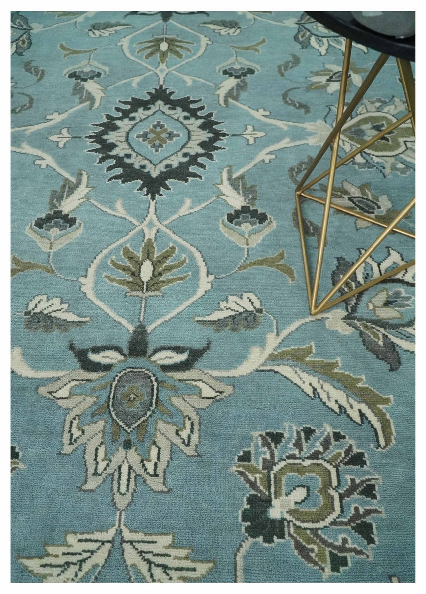 10x14 Antique Hand Knotted Blue and Ivory Traditional Vintage Persian Oushak Wool Rug | TRDCP10141014