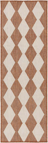 Close-up of Nourison Positano Terracotta Modern Area Rug featuring a geometric diamond pattern in burnt orange and cream.