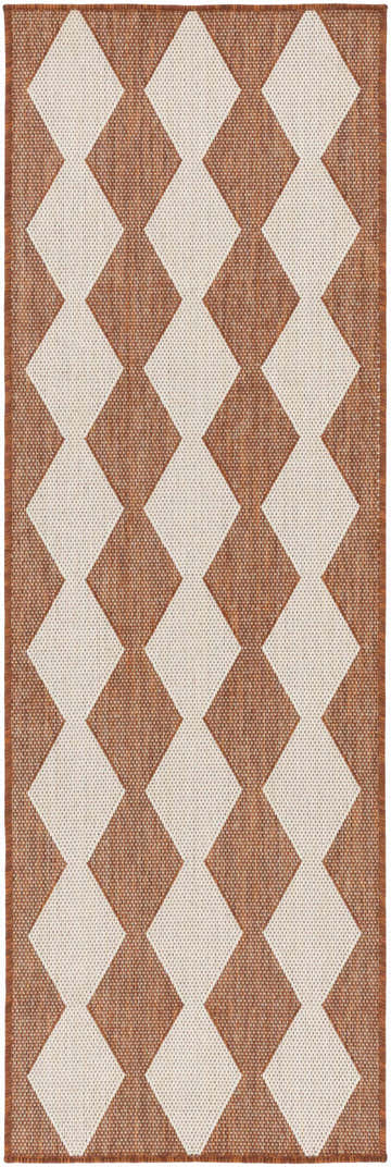 Close-up of Nourison Positano Terracotta Modern Area Rug featuring a geometric diamond pattern in burnt orange and cream.