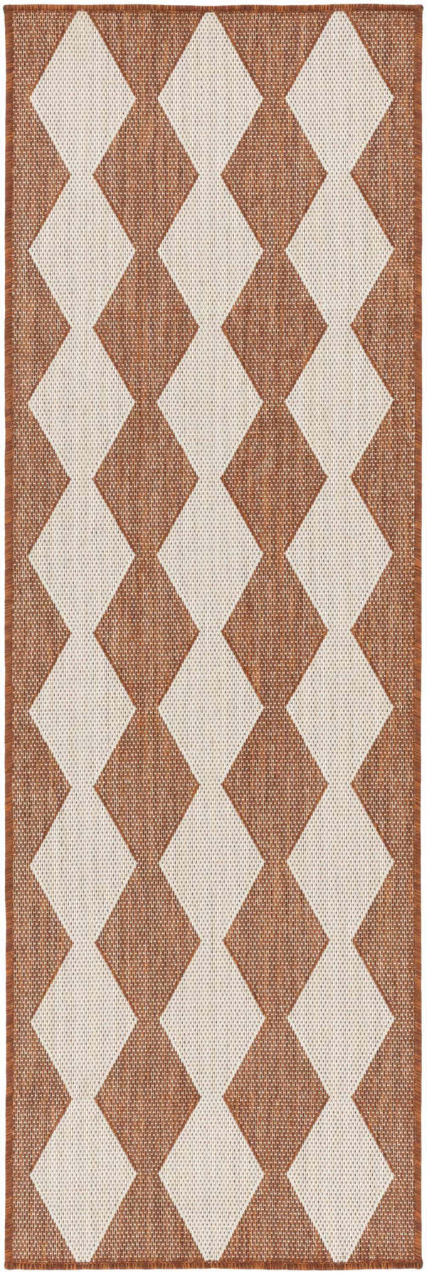 Close-up of Nourison Positano Terracotta Modern Area Rug featuring a geometric diamond pattern in burnt orange and cream.