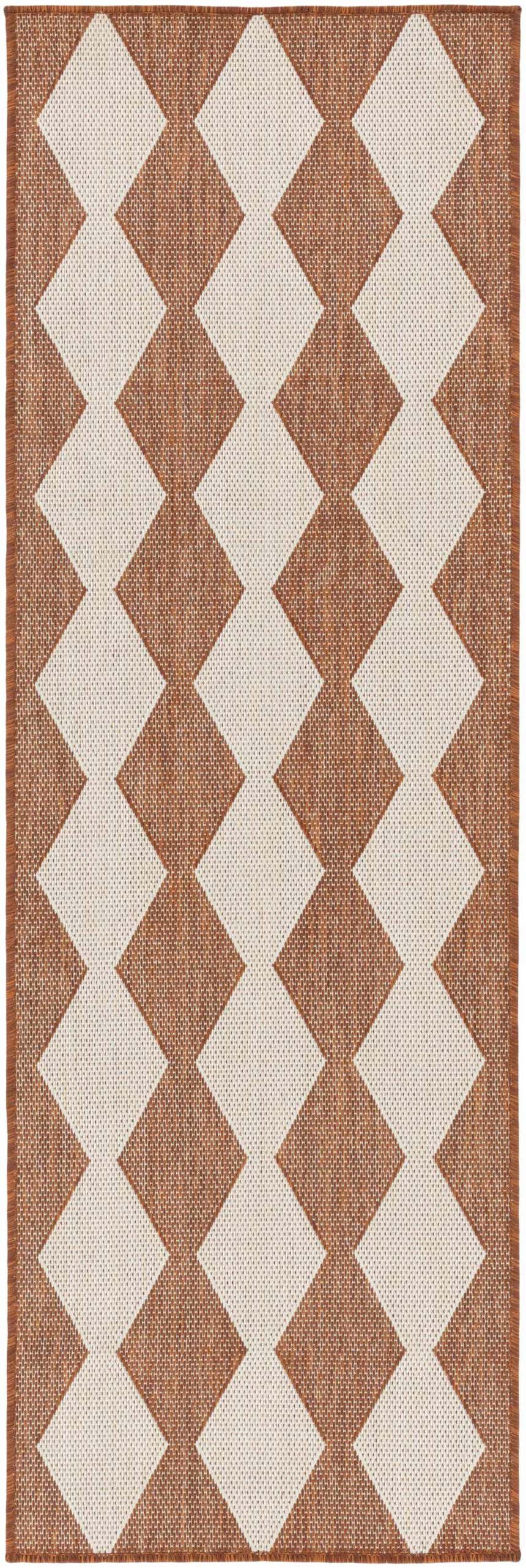 Close-up of Nourison Positano Terracotta Modern Area Rug featuring a geometric diamond pattern in burnt orange and cream.