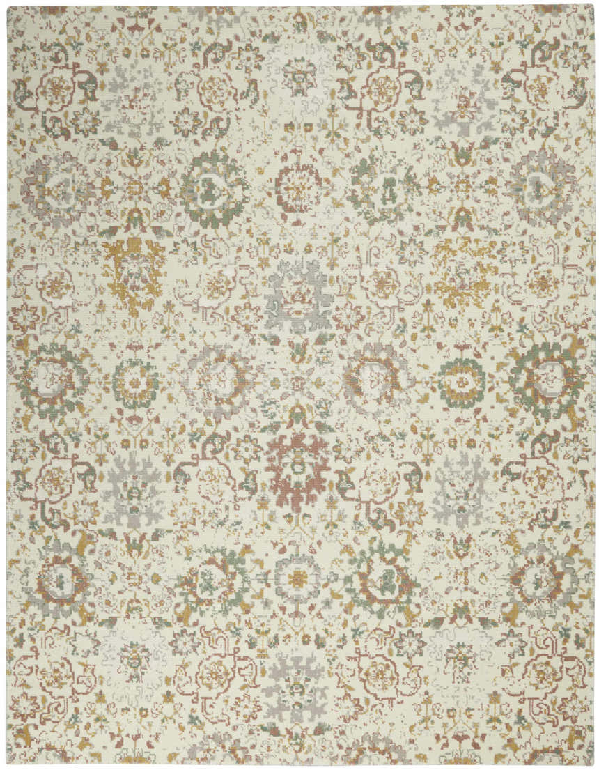 Close-up of Nourison Twilight Ivory Multicolor Transitional Area Rug featuring a floral pattern in chestnut, gold, green, and gray.
