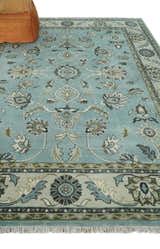 8x10 and 9x12 Antique Hand Knotted Blue and Ivory Traditional Vintage Persian Oushak Wool Rug | TRDCP998912