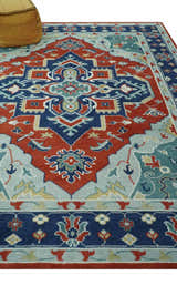 Custom Made Rust, Blue and Silver hand knotted Traditional Heriz wool area rug