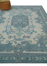 French Design Aubusson Custom Made Ivory and Blue Hand Tufted Wool Area Rug