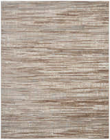 Close-up of Nourison Elation Ivory Grey rug, featuring a modern abstract design with chestnut, ivory, and grey hues. High pile texture.