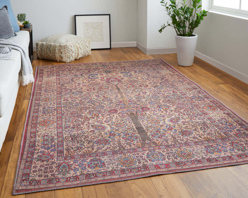 Living room scene with Feizy Rawlins rug in red, tan, and pink. Transitional style with sofa, pouf, wood floors, and plant. Roomscene-Rectangle