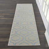 Nourison Jubilant Ivory Blue Runner rug on dark wood floor. Contemporary quatrefoil pattern.