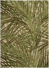 Close-up of Nourison Aloha Ivory Green Outdoor Area Rug featuring a tropical palm leaf pattern.