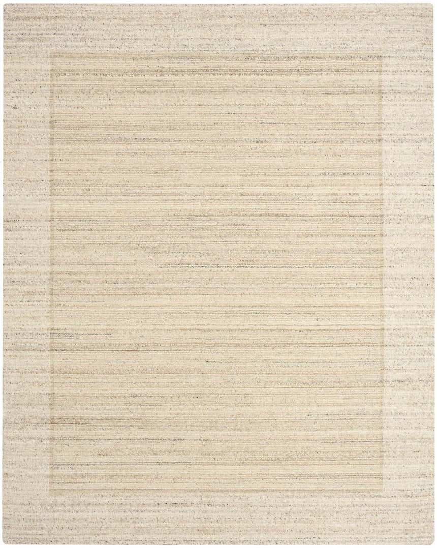Close-up of Calvin Klein CK082 Ridge Beige Ivory rug. Farmhouse style with a subtle horizontal stripe pattern and border detail.