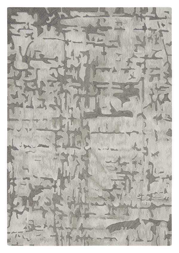 Close-up of the Nourison Symmetry Ivory/Taupe rug. Abstract, mid-century modern design with ivory and taupe hues. Handmade texture.