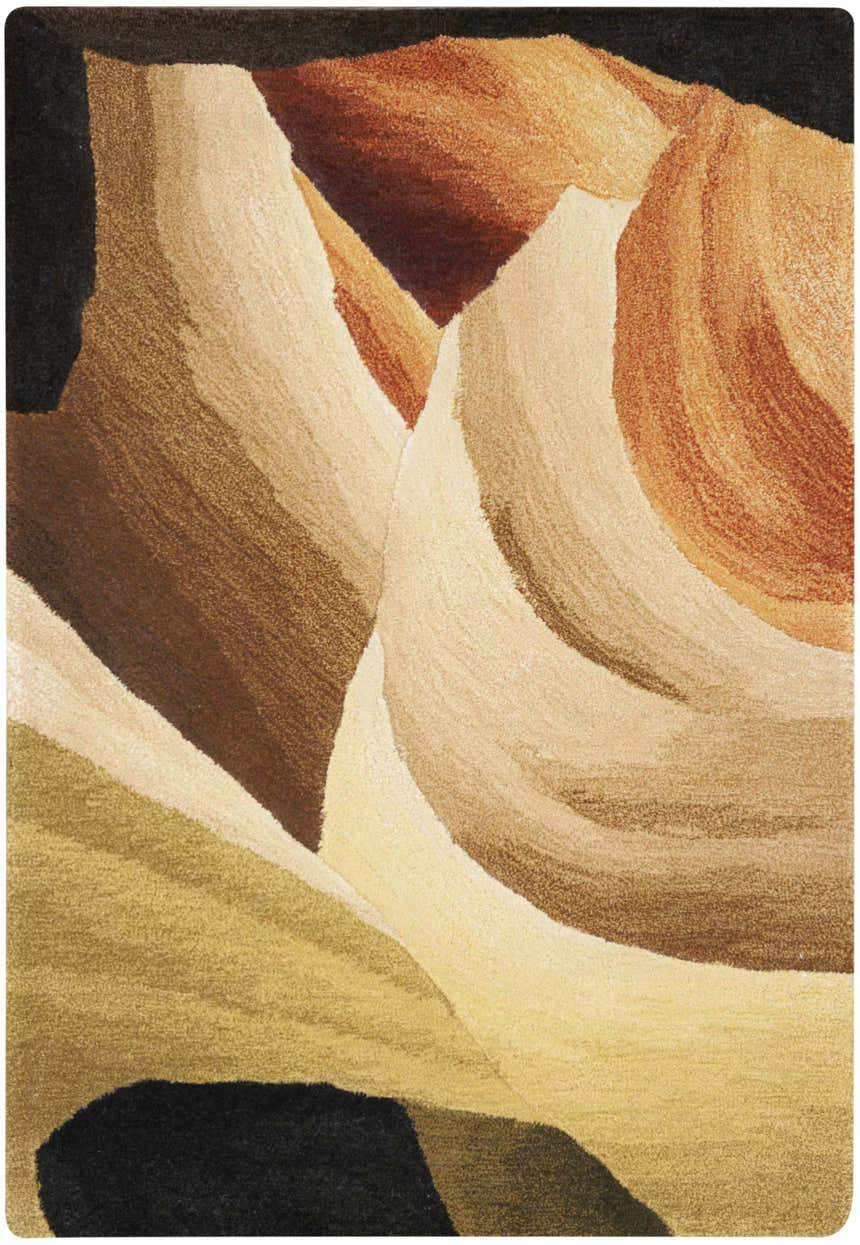 Close-up of the handmade Nourison Prismatic Multicolor rug. Features a modern abstract design in brown, tan, gold, and black hues.