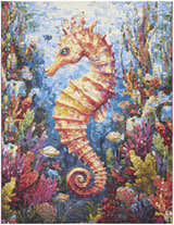 Close-up of the multicolor Nourison Color Splash rug featuring a seahorse and coral reef design.