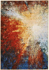 Abstract Nourison Chroma Red Flare rug. Modern design in red, gold, blue, and cream.