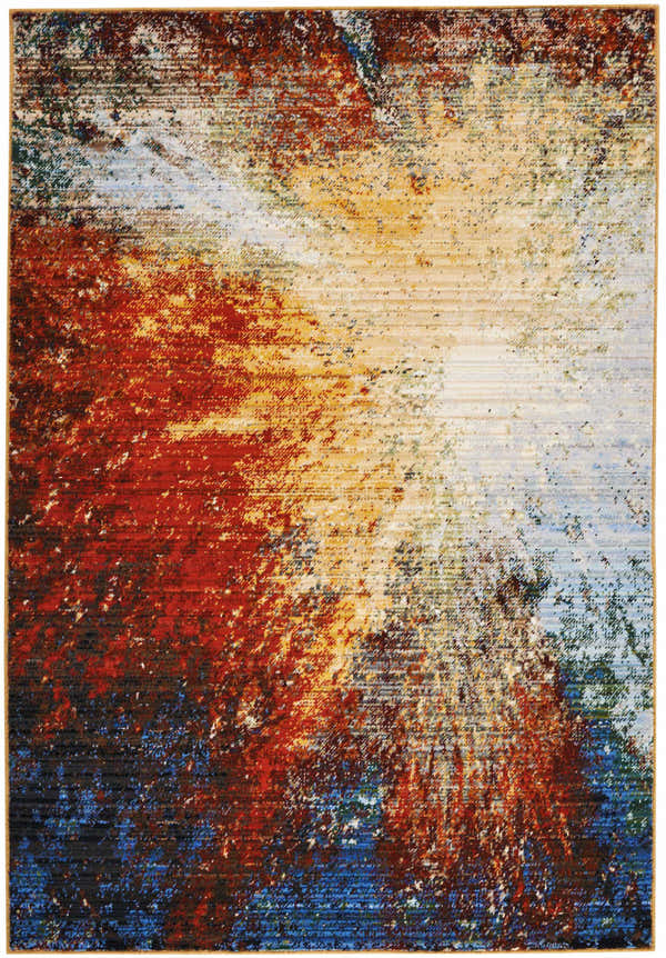 Abstract Nourison Chroma Red Flare rug. Modern design in red, gold, blue, and cream.