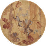 Close-up of round Nourison Somerset Beige area rug with floral pattern in beige, brown and gray.