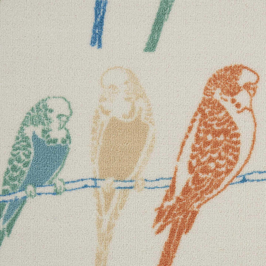 Close-up of Waverly Sun N' Shade Multicolor Tropical Area Rug, featuring colorful parakeet design on a textured cream background.