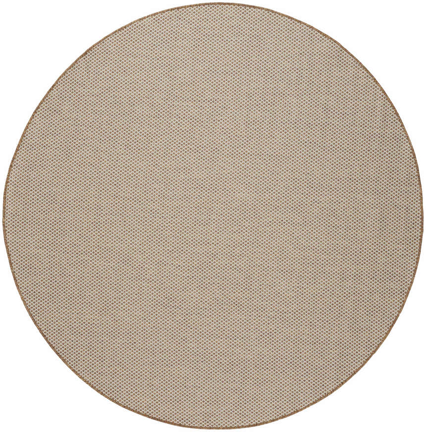Close-up of a round Nourison Courtyard Jute Ivory Modern Area Rug showing its chestnut brown and ivory woven texture.