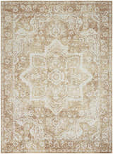 Close-up of Nourison Astra Rust Vintage rug. Machine-made with a distressed, ornate, medallion pattern in rust and beige.