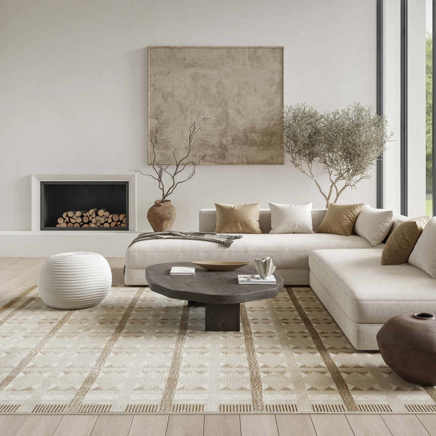 Modern living room with a Nourison Nordic Taupe rug, ivory sofa, wood coffee table, and neutral decor.