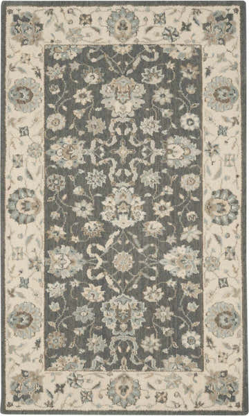 Close-up of Nourison Living Treasures Grey Ivory Farmhouse Rug. Floral pattern in chestnut, grey, and ivory. New Zealand wool texture.