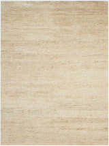 Close-up of the Calvin Klein Mesa Gypsum rug. Neutral color, woven texture, modern style.