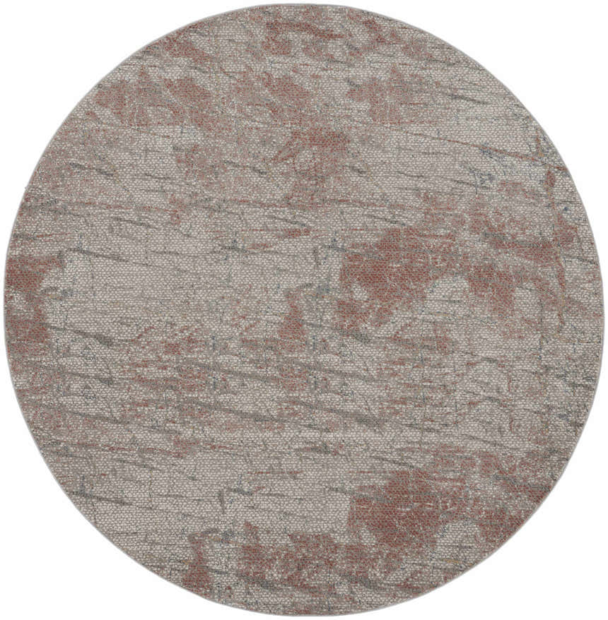 Round Nourison Rustic Textures rug in light grey and rust. Modern abstract design with subtle texture. Clearance item.