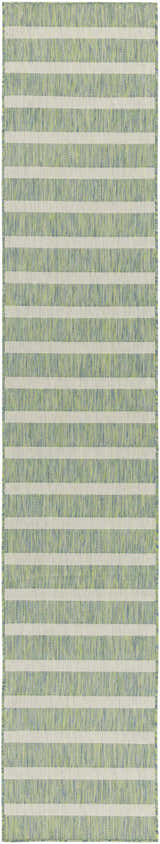 Close-up of Nourison Positano rug. Blue, green, and ivory stripes create a modern, textured pattern.