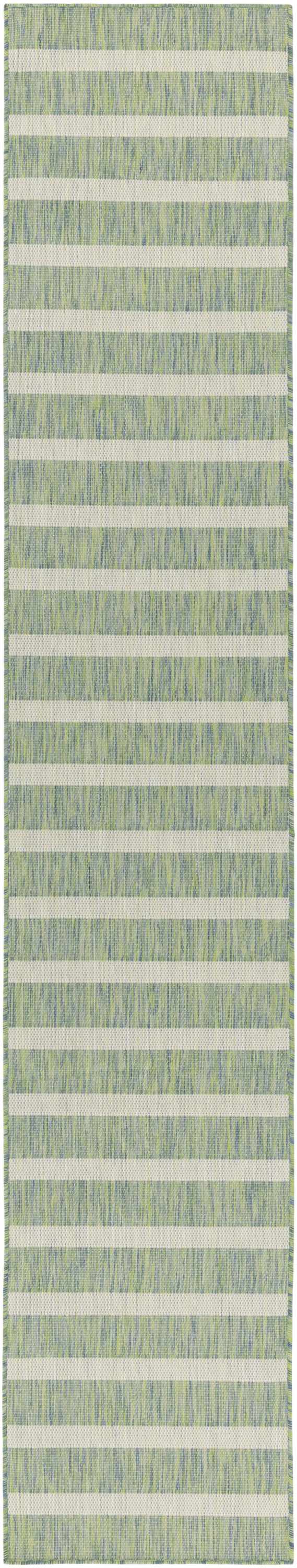 Close-up of Nourison Positano rug. Blue, green, and ivory stripes create a modern, textured pattern.