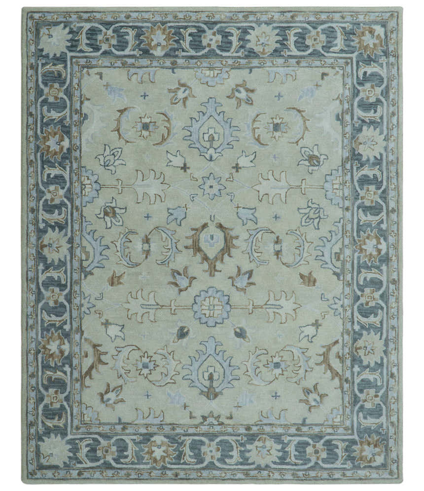 Traditional Oushak Design Beige And Blue Hand Tufted Custom Made Wool Rug