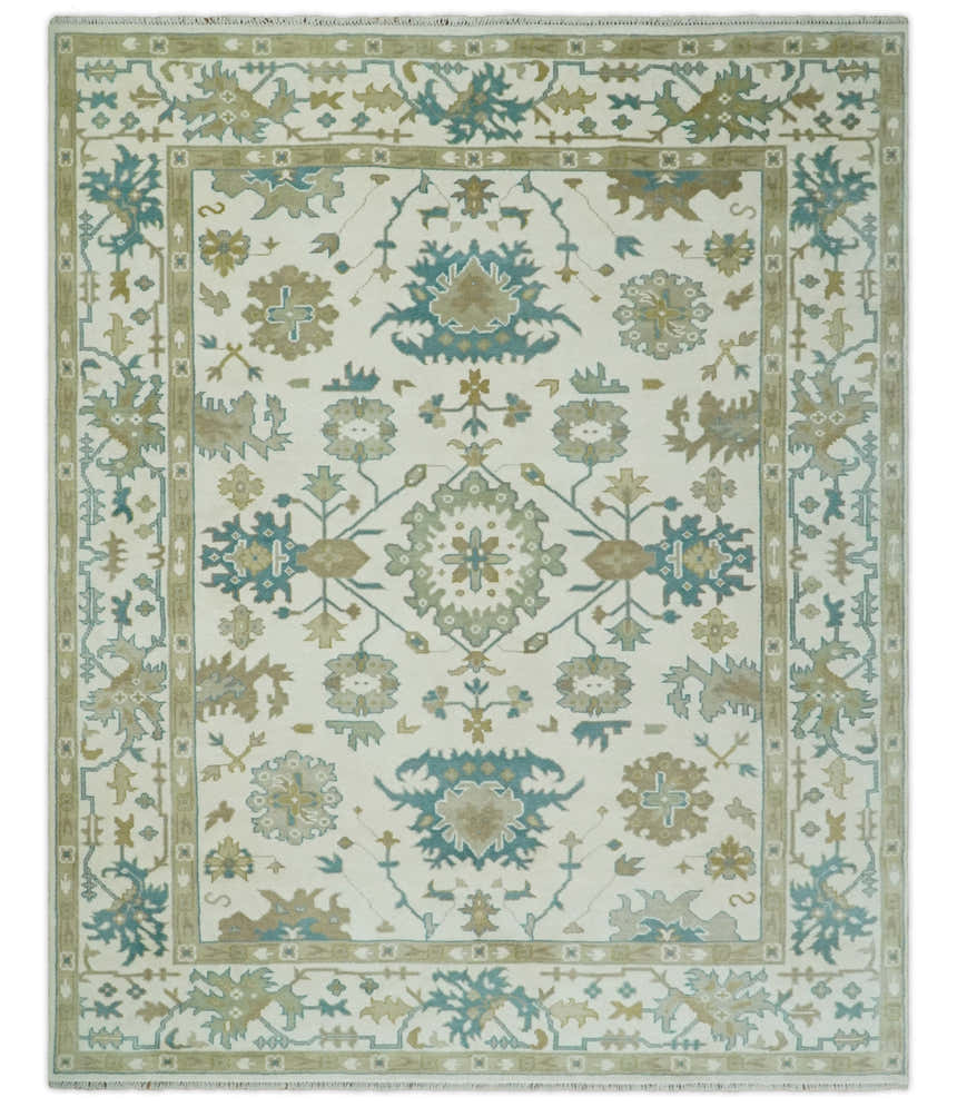 Hand Knotted Ivory, Beige and Teal Antique look Traditional Oushak Multi Size Wool Area Rug