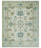 Hand Knotted Ivory, Beige and Teal Antique look Traditional Oushak Multi Size Wool Area Rug