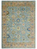 Ready to Ship Hand Knotted Blue and Rust Modern Oushak Area Rug
