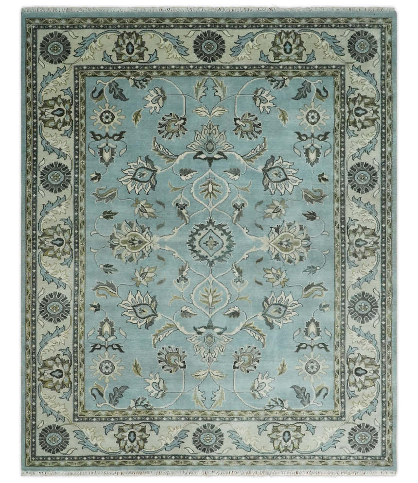 8x10 and 9x12 Antique Hand Knotted Blue and Ivory Traditional Vintage Persian Oushak Wool Rug | TRDCP998912