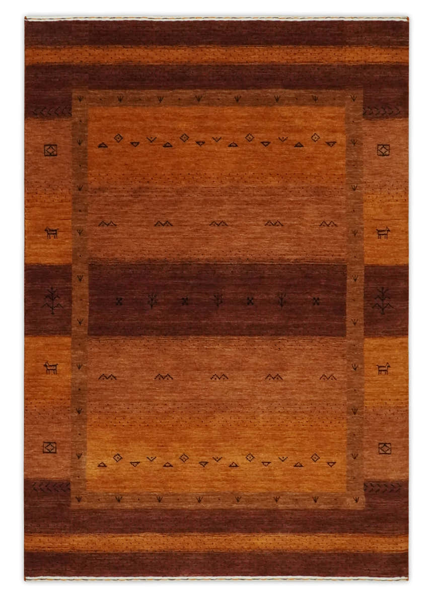 Custom Made geometrical Stripes Design Rust and Brown Hand loom wool Area Rug