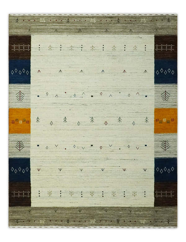 Ivory, Olive, Blue and Charcoal Handloom Tribal Gabbeh Multi Size wool Area Rug