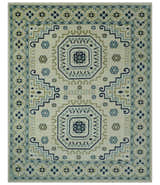 Ivory, Blue and Olive Traditional Mamluk design Custom Made wool area Rug