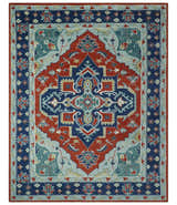 Custom Made Rust, Blue and Silver hand knotted Traditional Heriz wool area rug